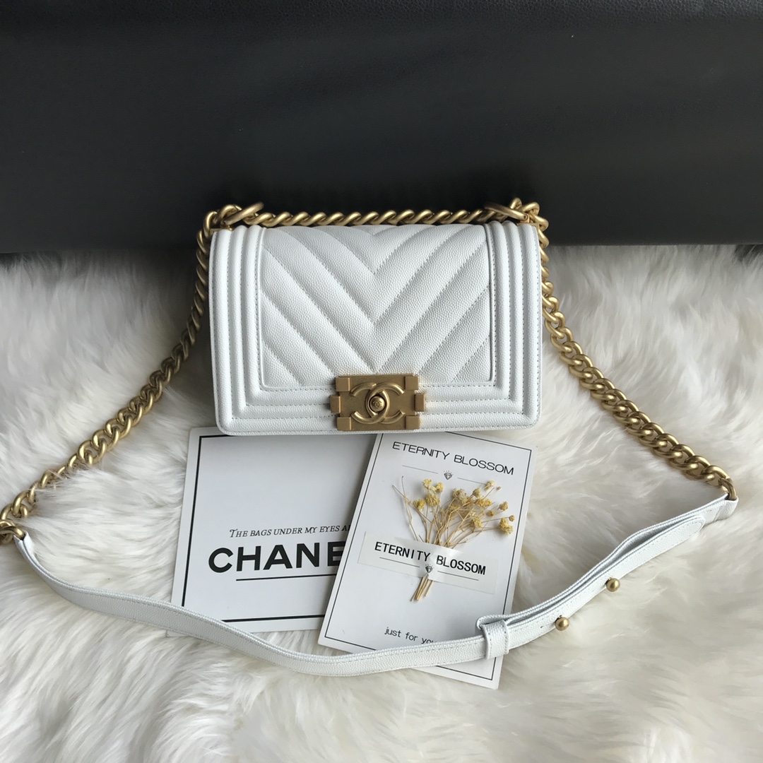 Caviar Small Boy Handbag Flap Bag A67085 White/Gold